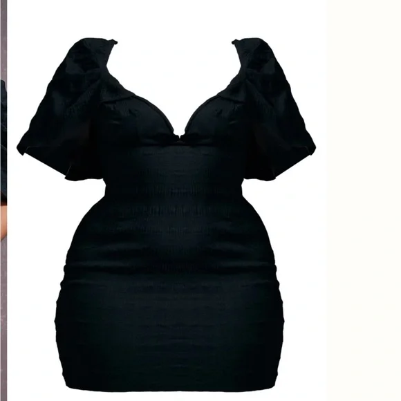 PrettyLittleThing NWT Black PuffSleeve Textured V-Bar Bodycon Mini Dress Size 18 - Picture 1 of 12